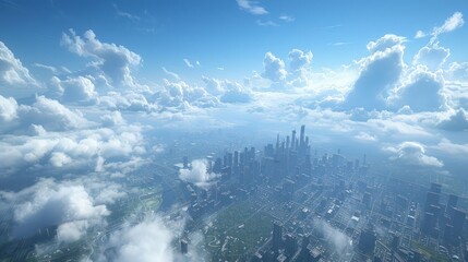 Aerial view of a sprawling city skyline beneath a vibrant blue sky filled with fluffy clouds