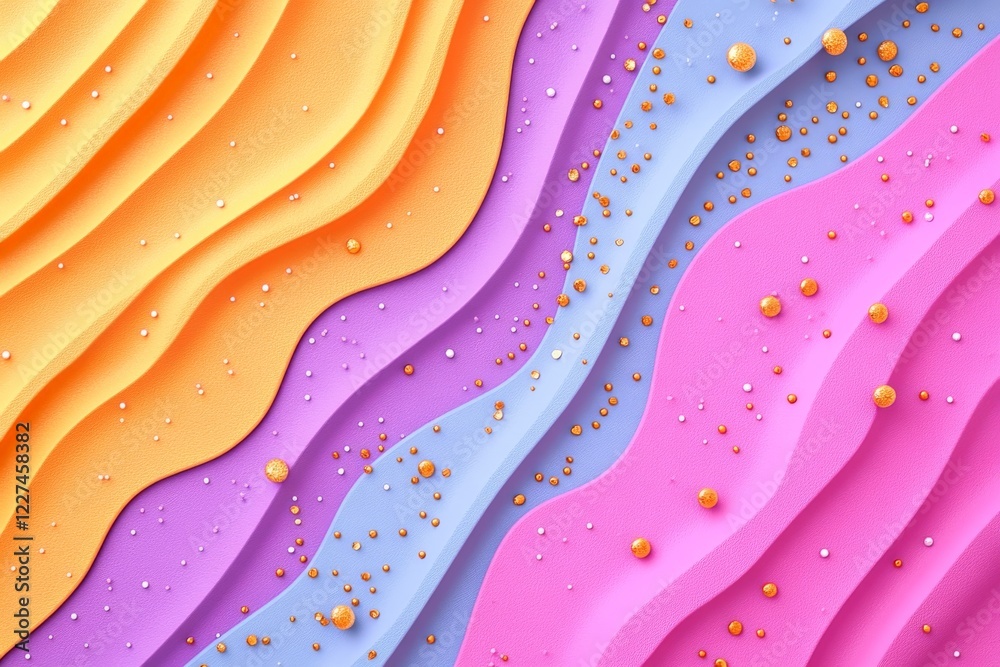 Poster Colorful wavy patterns in vibrant hues with scattered decorative elements from an artistic tabletop design project