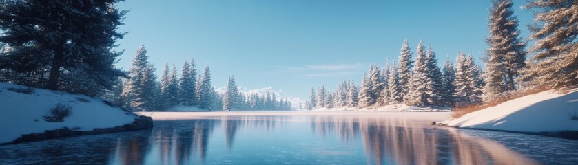 Fototapeta premium A serene winter landscape featuring snow-covered trees and a tranquil river.