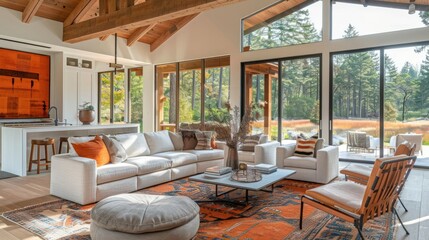 Fototapeta premium Modern living room with large windows, cozy furniture, and a serene forest view outside