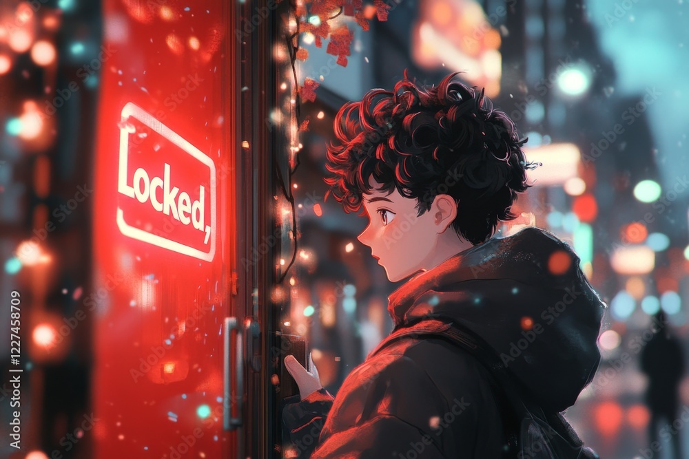 Aufkleber a pixel art scene of a character standing in front of a glowing red door labeled â€œlocked,â€ with 