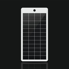 Sleek solar panel with photovoltaic cells arranged in a rectangular grid, framed in white with rounded corners and a circular cutout. Perfect for showcasing renewable energy technology.