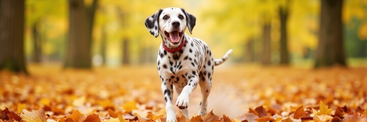 Excited Dalmatian dog running through vibrant autumn leaves in the park