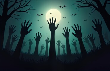 Many zombie hands reach up from the dark ground at night under a full moon. Horror Halloween concept. Silhouettes of hands in a spooky forest. Scary and dangerous. A night full of fear and death.