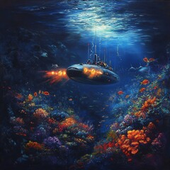 As the submarine moves through the dim underwater dusk, its bright lights reveal the vibrant coral reefs that line the ocean floor.