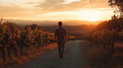 A man walks through a vineyard at sunset, enjoying the serene beauty and peaceful scenery surrounding him on a quiet evening.