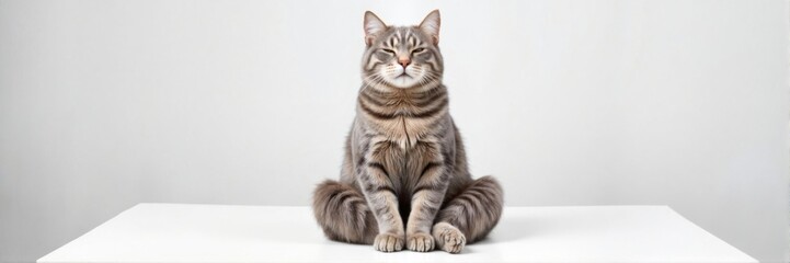 Zen tabby cat meditating on a white table with a peaceful expression