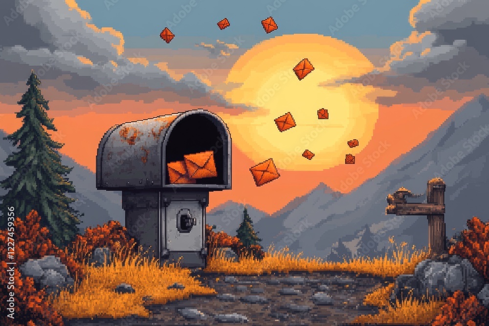 Aufkleber A pixel art scene of a mailbox with tiny animated letters flying in and out, surrounded by a cheerful, pixelated landscape with bright green grass and a sunny sky