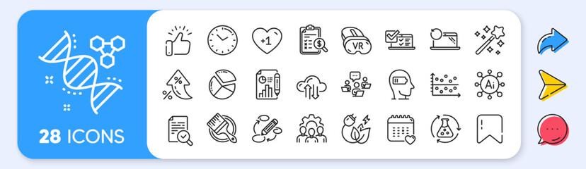 Healthcare calendar, Teamwork and Recovery laptop line icons. Interest rate, AI generate, Inflation icons. Pack of Vr, Online survey, Report document icon. Vector