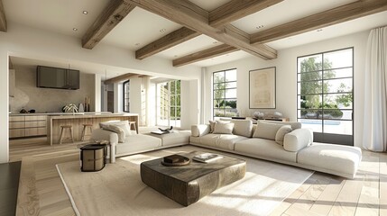 Modern living room with wooden beams and spacious layout, featuring a cozy sofa and natural light