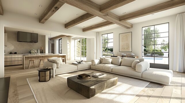 Modern living room with wooden beams and spacious layout, featuring a cozy sofa and natural light