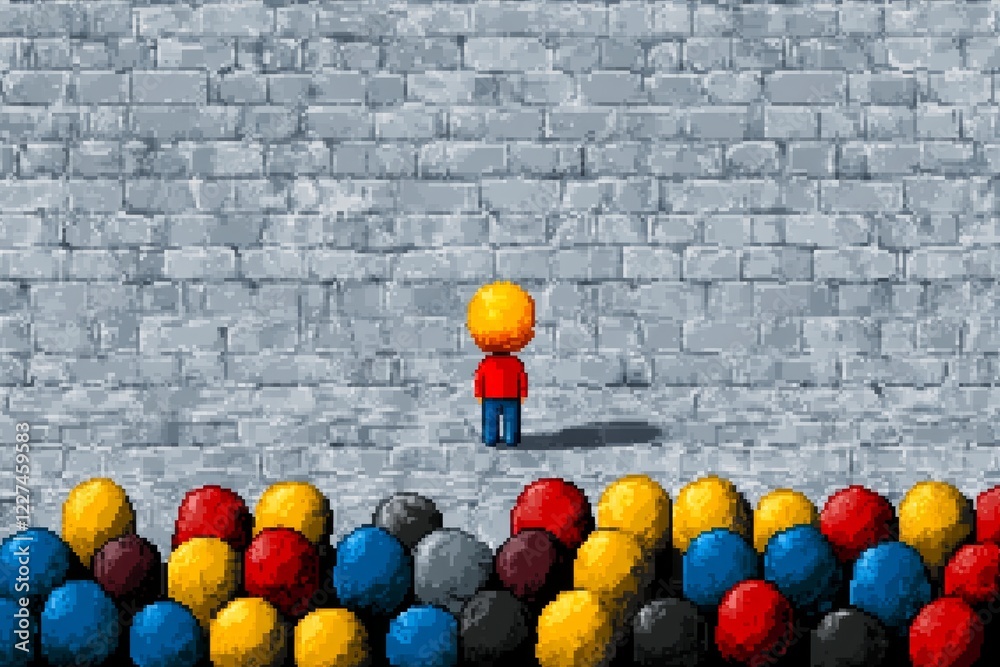 Poster A pixel art scene of a single brightly colored character standing out in a gray, pixelated crowd, with retro-style shading and vibrant pops of color