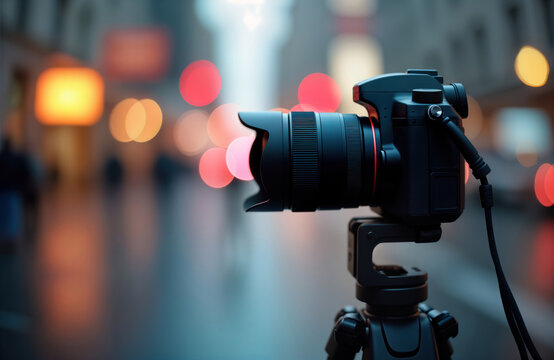 Modern camera sits on tripod in front of city. Night dusk. Illuminated city buildings create bokeh effect. Photographer, videographer, filmmaker working in urban environment. Equipment sleek,