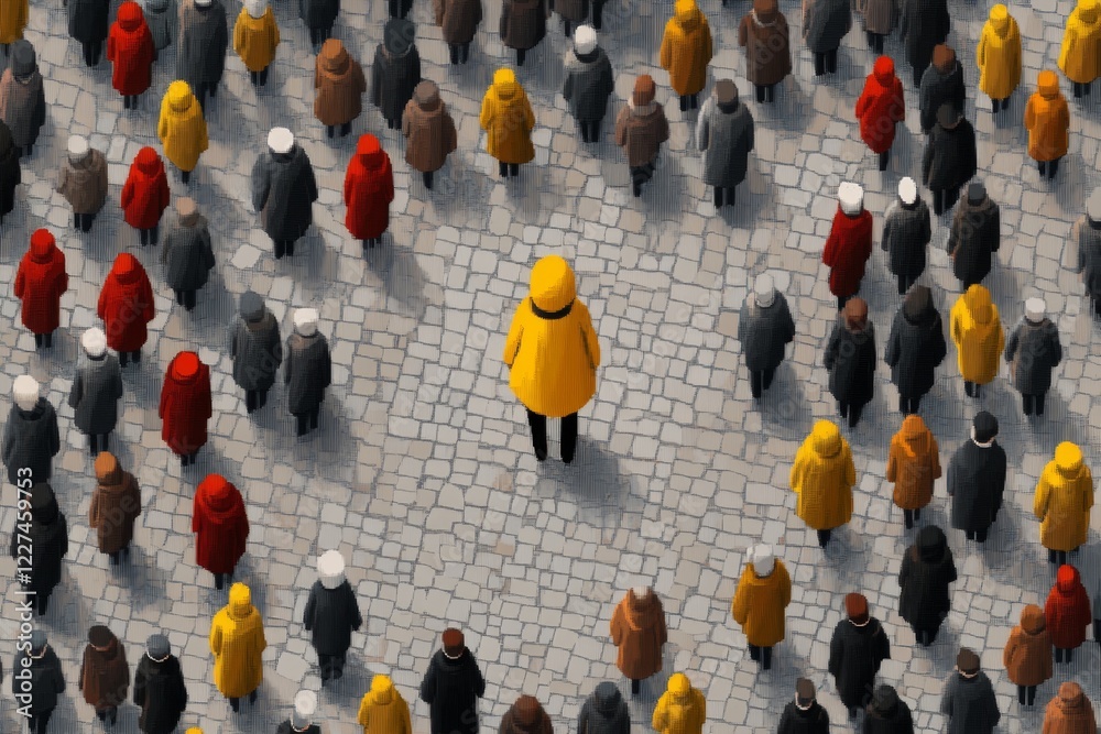 Poster A pixel art scene of a single brightly colored character standing out in a gray, pixelated crowd, with retro-style shading and vibrant pops of color