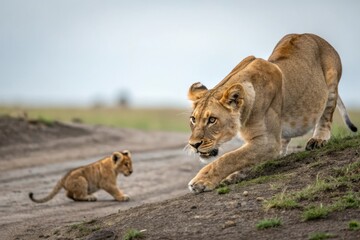 Fototapeta premium Lioness crouching low to the ground with her cub playing in the background, natural landscape, grassland, wildlife photography, cub