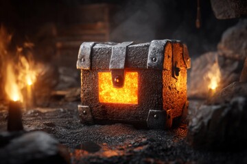 A pixel art scene of a single glowing treasure chest in a dark dungeon, surrounded by faint pixelated torches that emphasize its especially enticing glow