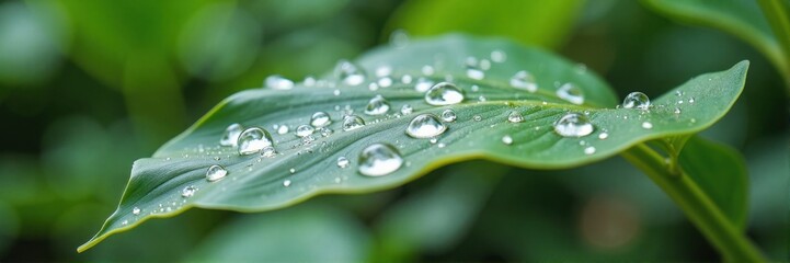  Green leaf with water droplets, blurred background nature close-up