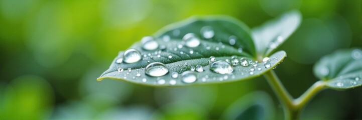 Fresh green leaves with water droplets, nature macro photography