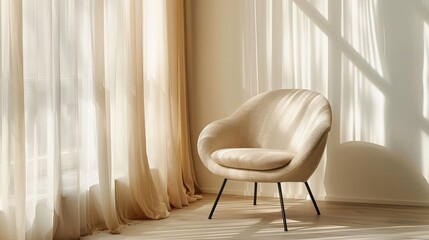 Cozy, modern armchair in a sunlit room with sheer curtains and soft shadows, ideal for relaxation