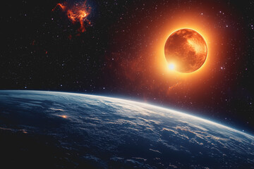 Obraz premium Large red planet positioned in the center of earth with a dark starry background showcasing a cosmic scene and celestial elements