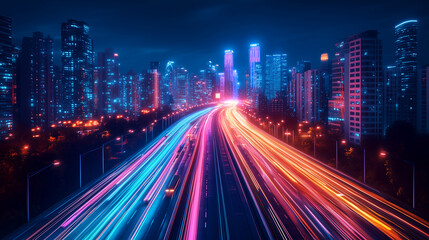 City at Night: Vibrant streaks of light paint the cityscape as vehicles speed along a highway, creating a mesmerizing display of urban energy and motion.