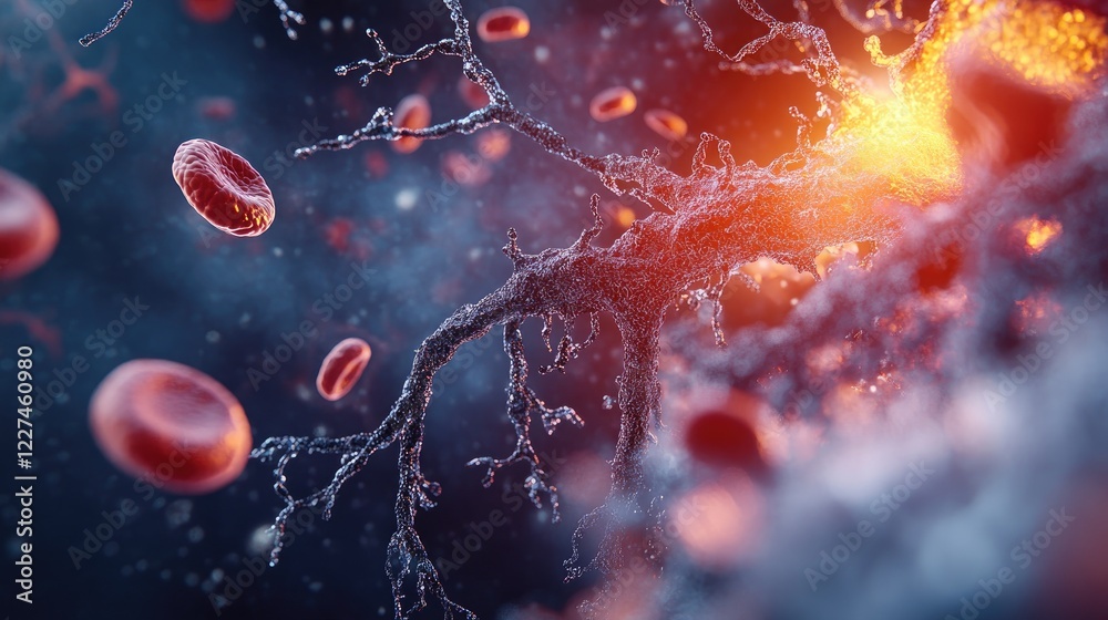 Poster A 3D rendering of blood cells traveling through a vein, showing their movement and the intricate flow of the circulatory system from various perspectives