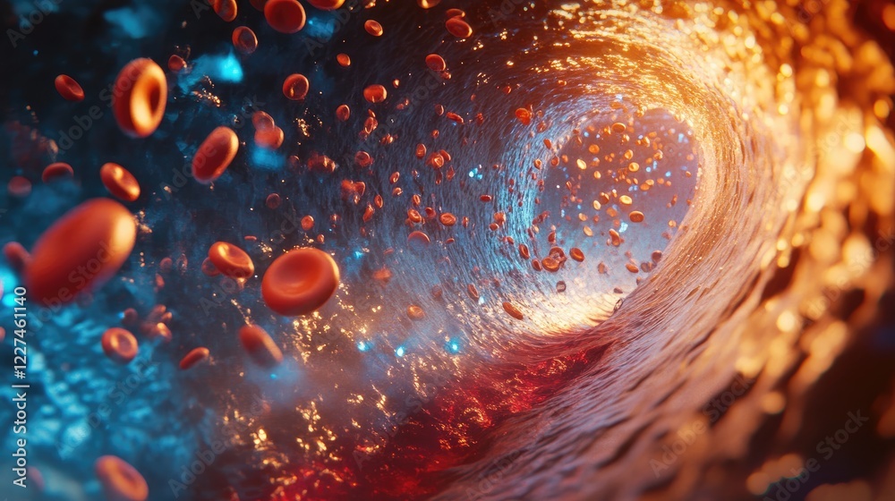 Poster A 3D visual of blood cells moving through a vein, allowing the viewer to see the flow from different angles, highlighting the complexity of the circulatory system
