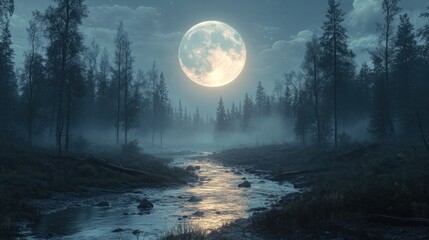 Naklejka premium Ethereal Moonlit Forest with Mist and Reflections on Calm Water Under a Bright Full Moon