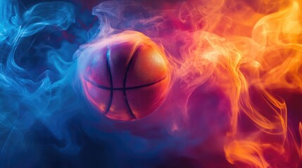 Fototapeta premium A basketball floating with swirling smoke in vibrant hues of orange, blue, and magenta, symbolizing energy, motion, and excitement in the sport