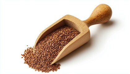 Close-Up Of Flax Seeds In Wooden Scoop On White Background With Clipping Path - Detailed Image Of Linseed In Scoop.