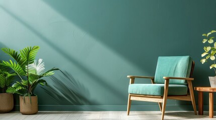 Cozy living room with a green wall, stylish chair, and indoor plants casting shadows