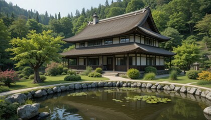 A picturesque Japanese farmhouse with a thatched roof, surrounded by a peaceful garden and a koi pond in the rural countryside of Japan