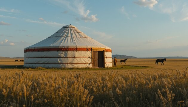 A large Mongolian ger (yurt) set in a vast grassland, with a few horses grazing nearby and the sky stretching far in the background