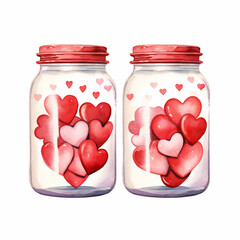 Watercolor Valentines Day Jars with red hearts on white background 