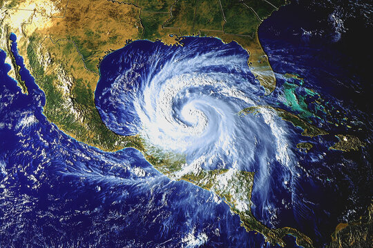 Satellite image of a hurricane showcasing the storm system and surrounding cloud formations from a high-altitude perspective
