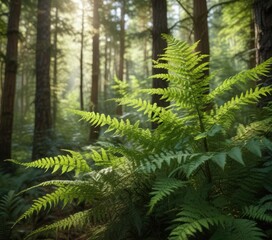 Majestic fern fronds in a sunny forest environment with dappled light filtering through, forest, dappled light