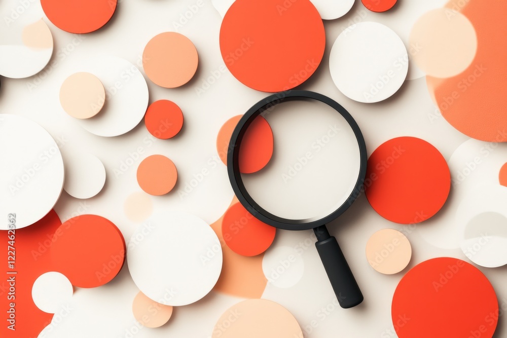 Poster A simple flat design of a magnifying glass highlighting one circle in a grid of identical shapes, emphasizing a special focus