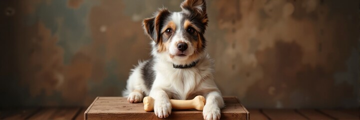 Fototapeta premium Cute dog resting with a bone on a wooden surface indoors