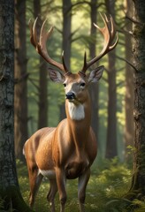 Obraz premium Majestic white tailed deer buck with vibrant velvet antlers in forest setting, buck, deer, nature
