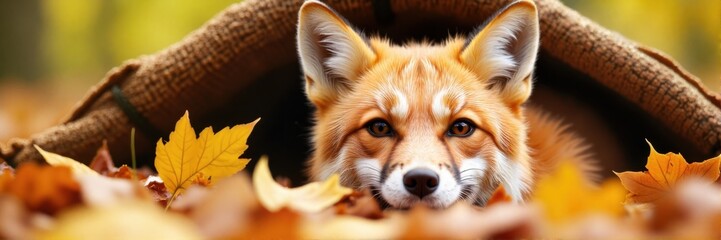 Playful fox peeking out from under a blanket with autumn leaves