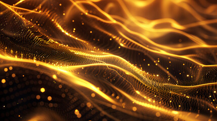 Fototapeta premium Abstract golden wave patterns with glowing particles and fluid motion.