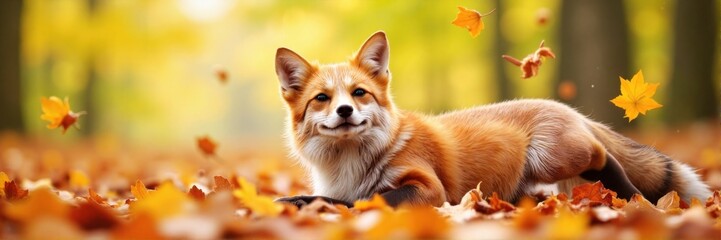 Obraz premium Playful fox lying on autumn leaves in a golden forest