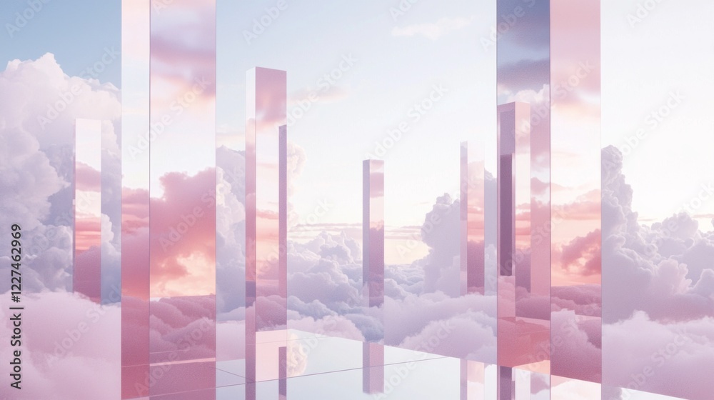 Poster stunning vertical reflections rise amidst a soft sea of clouds, capturing the enchanting hues of twi