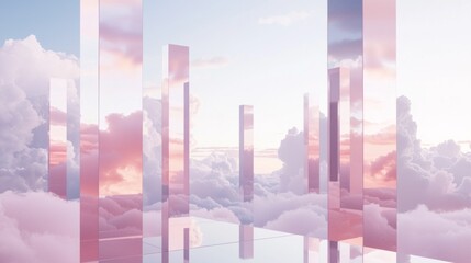 Stunning vertical reflections rise amidst a soft sea of clouds, capturing the enchanting hues of twilight. The ethereal atmosphere invites a sense of wonder and serenity