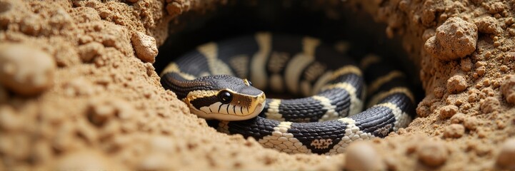 Fototapeta premium Snake coiled inside a dirt burrow in a dry environment