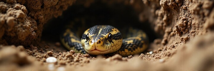 Snake lying in a dirt burrow with intense gaze