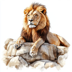 Obraz premium Majestic lion resting on rocks, showcasing detailed fur and strong features. This watercolor illustration captures essence of wildlife beauty and strength