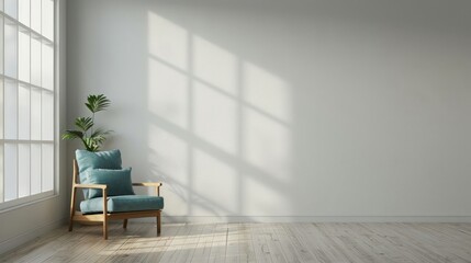 Cozy chair in a bright room with sunlight casting shadows on a clean wall and plant nearby