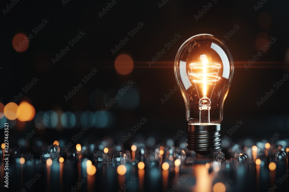 Poster a single glowing light bulb among a cluster of unlit bulbs, symbolizing a distinct idea or realizati