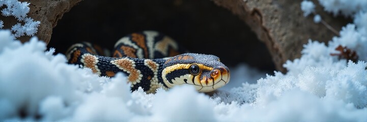 Fototapeta premium Snake resting inside a burrow covered in fresh snow